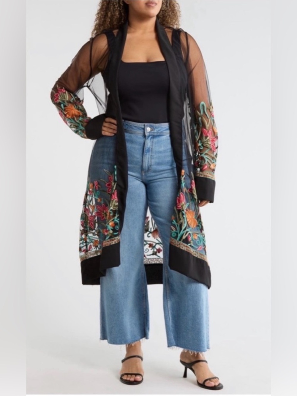 Black Sheer Floral Embroidered Swim Coverup Kimono